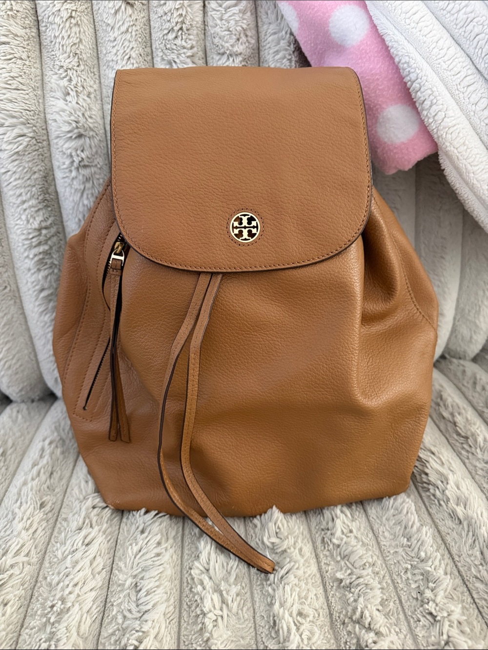 Tory Burch Cognac Leather Drawstring Backpack